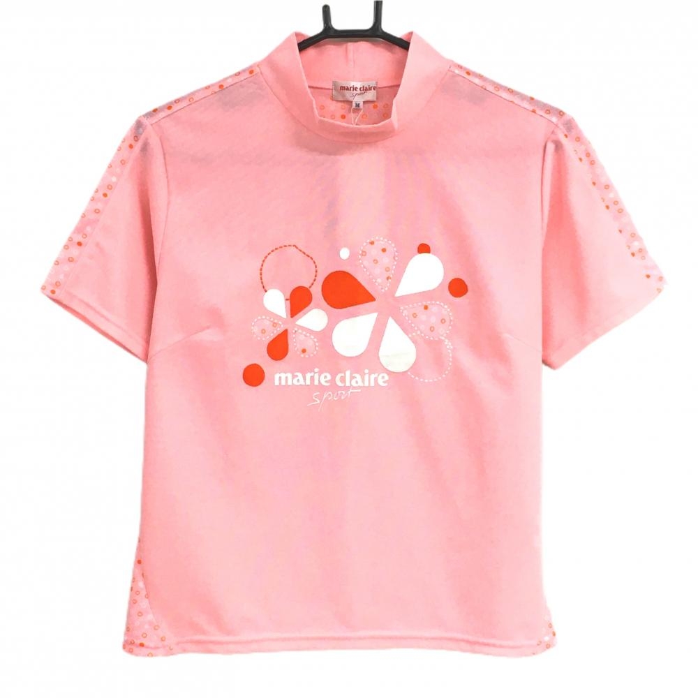【新品】マリクレールスポール 半袖ハイネックシャツ ピンク×オレンジ 前面花柄 背面ドット  レディース M ゴルフウェア marie claire
