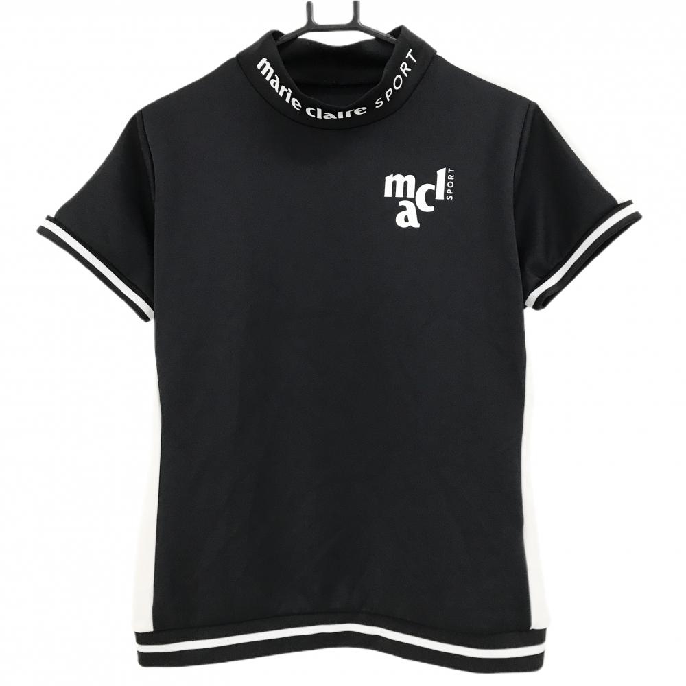 【超美品】マリクレールスポール 半袖ハイネックシャツ 黒×白 ネックロゴ ストレッチ レディース L ゴルフウェア marie claire