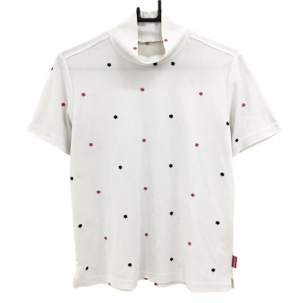 【超美品】マリクレールスポール 半袖ハイネックシャツ 白×ネイビー×ピンク 小花柄刺しゅう レディース L ゴルフウェア marie claire
