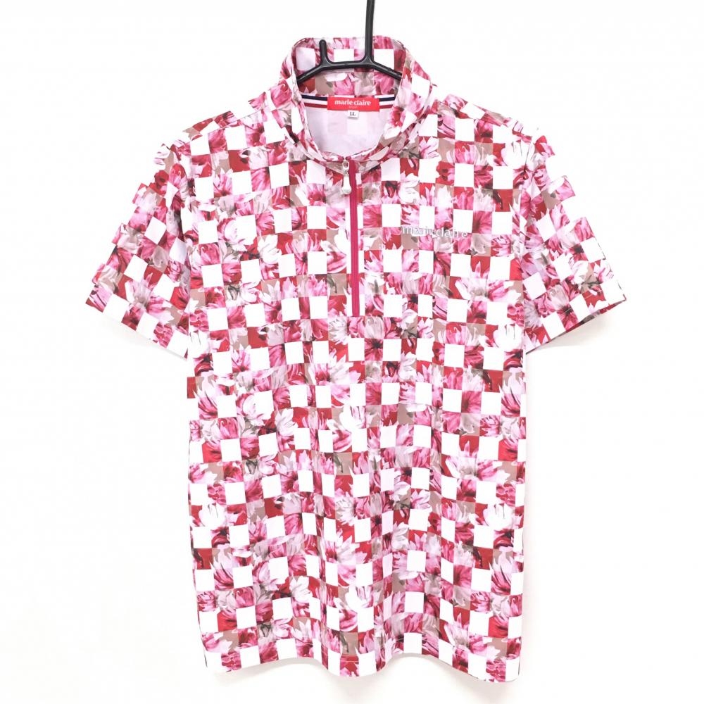 【超美品】マリクレールスポール 半袖ハイネックシャツ ピンク×白 ブロックチェック 花柄 レディース LL ゴルフウェア marie claire