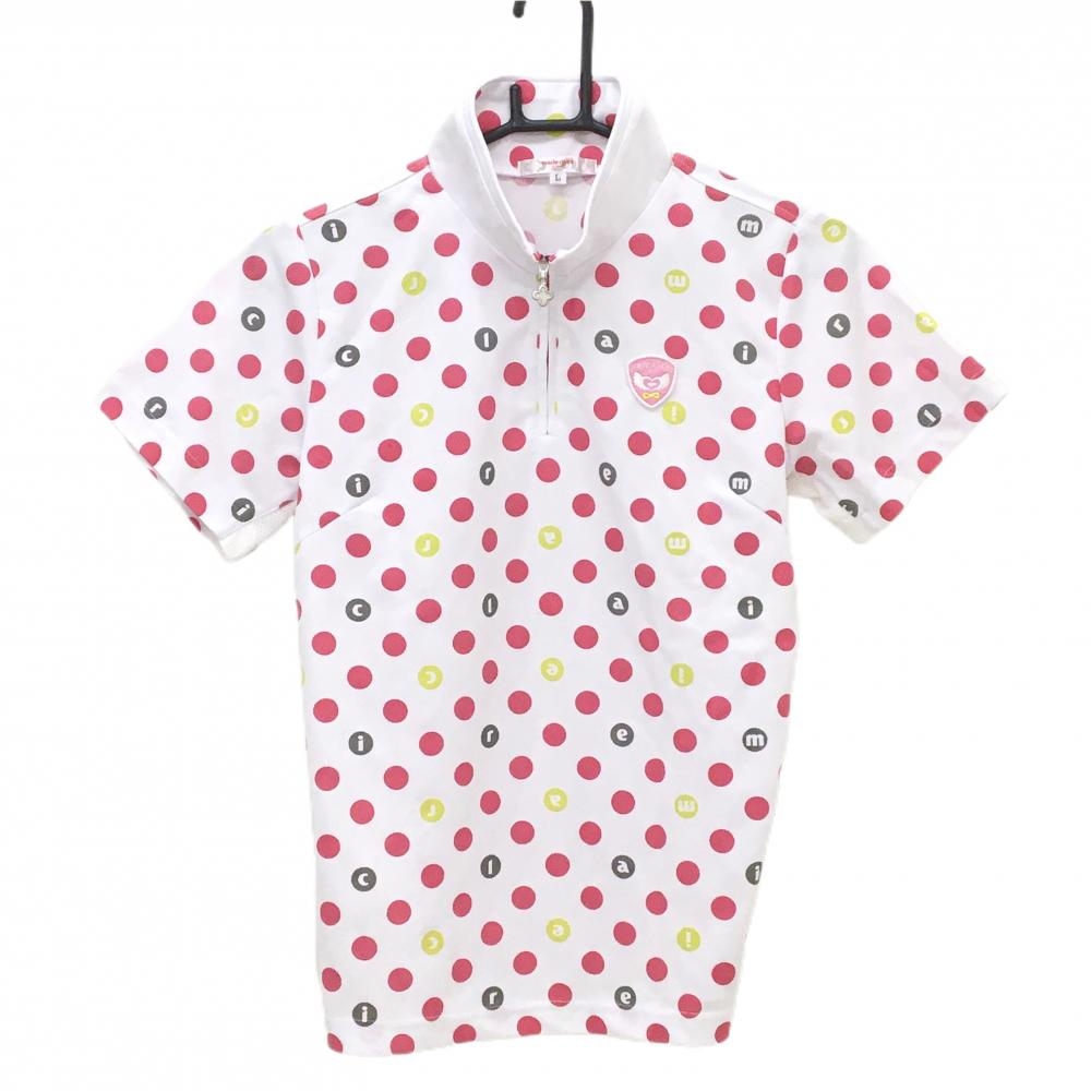 【美品】マリクレールスポール 半袖ハイネックシャツ 白×ピンク×ライムイエロー系 ドット レディース L ゴルフウェア marie claire