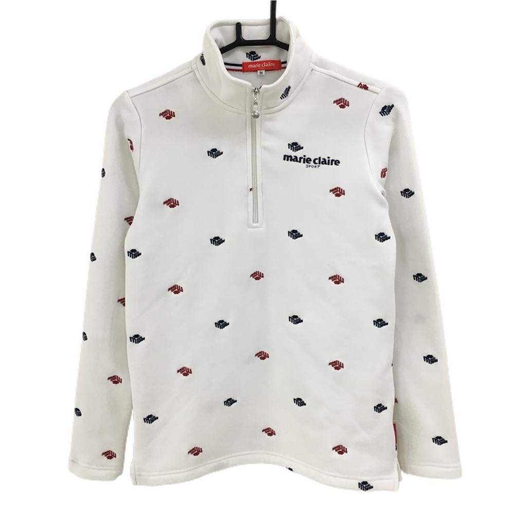 【美品】マリクレールスポール 長袖ハイネックシャツ 白×ネイビー×レッド 総柄刺しゅう 裏起毛  レディース M ゴルフウェア marie claire