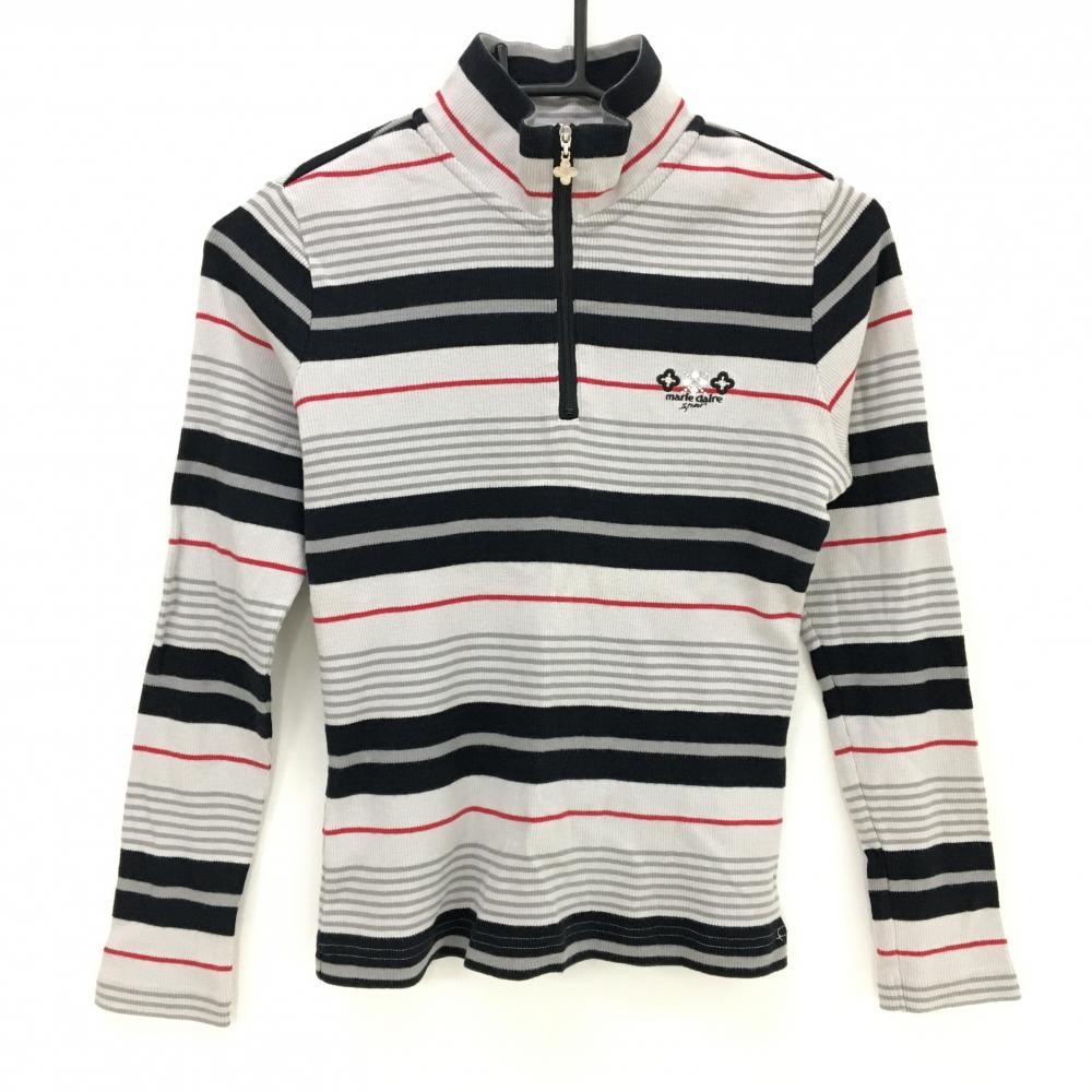 【美品】マリクレールスポール 長袖ハイネックシャツ ライトグレー×黒 ランダムボーダー レディース M ゴルフウェア marie claire