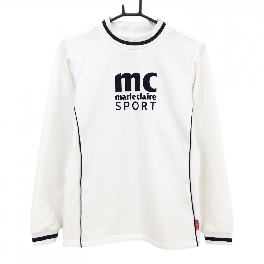 マリクレール 長袖ハイネックシャツ 白×ネイビー 裏起毛 厚手  レディース L ゴルフウェア marie claire