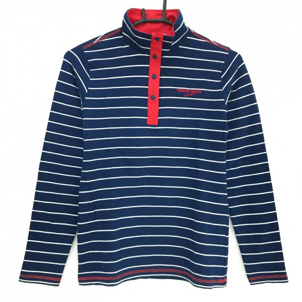 【美品】マリクレールスポール 長袖ハイネックシャツ ネイビー×白 ボーダー スナップボタン レディース M ゴルフウェア marie claire