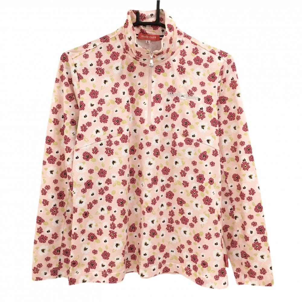 【超美品】マリクレールスポール 長袖ハイネックシャツ ピンク×白 花柄 ハーフジップ  レディース L ゴルフウェア marie claire