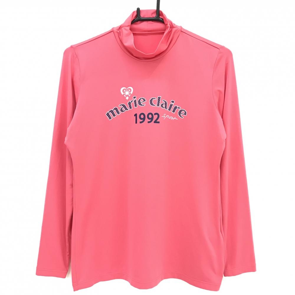 【美品】マリクレールスポール 長袖ハイネックシャツ ピンク×ネイビー ロゴプリント レディース L ゴルフウェア marie claire