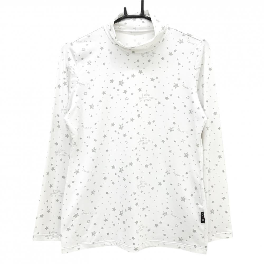 【超美品】マリクレールスポール 長袖ハイネックシャツ 白×グレー 星柄 ストレッチ レディース L ゴルフウェア marie claire