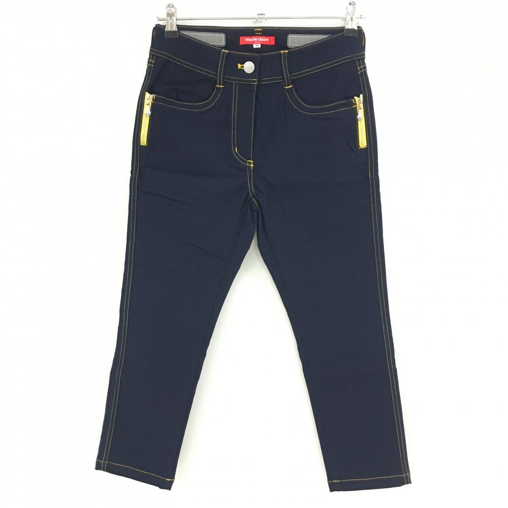 【新品】マリクレールスポール 半端丈パンツ ネイビー ステッチイエロー UVカット ストレッチ レディース M ゴルフウェア marie claire