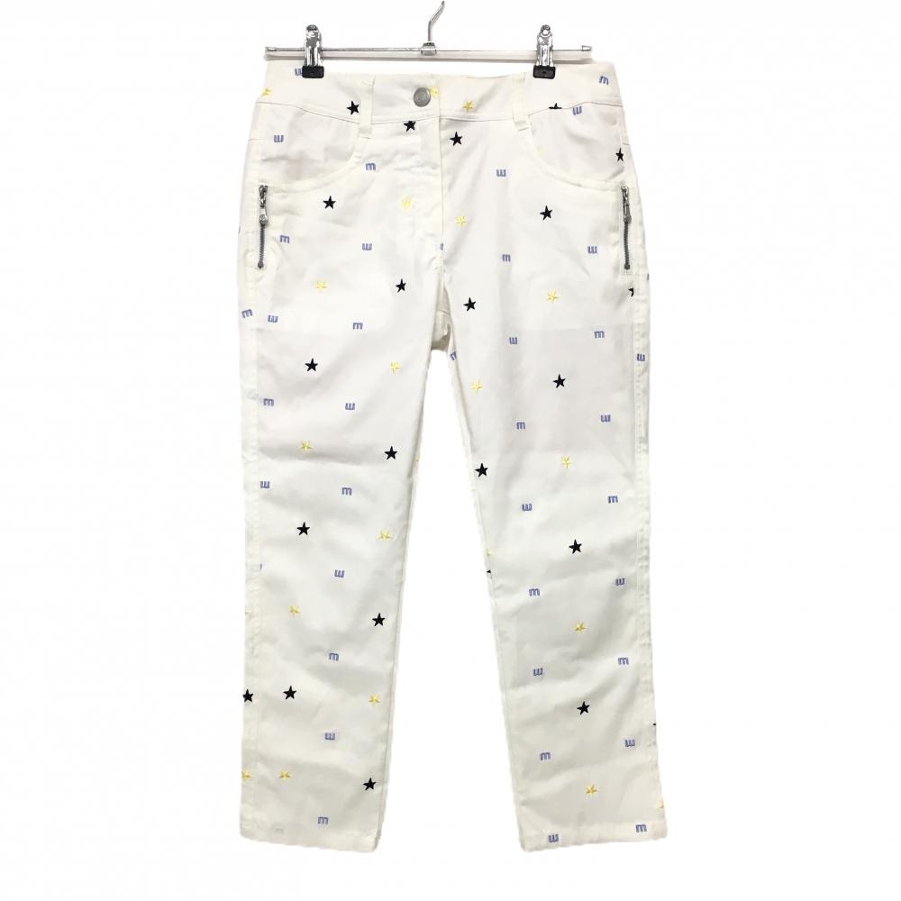【美品】マリクレールスポール パンツ 白×ライトブルー 刺しゅう総柄 ストレッチ レディース L ゴルフウェア marie claire