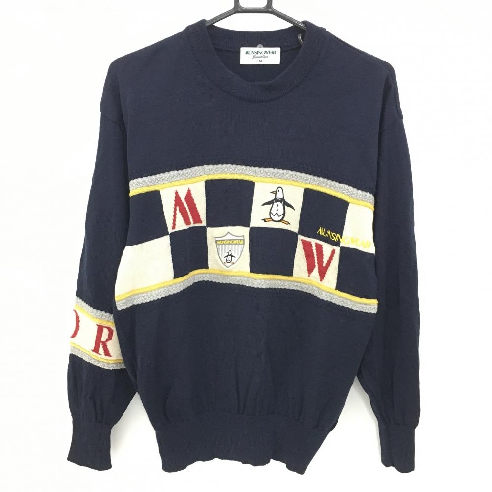 【美品】マンシングウェア セーター ネイビー×ベージュ ニット ウール100％  レディース M ゴルフウェア Munsingwear