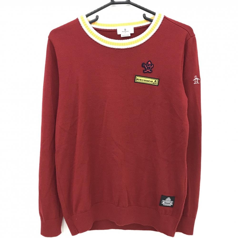 【美品】マンシングウェア セーター レッド×イエロー 背面アップル ウール混 ニット レディース L ゴルフウェア Munsingwear