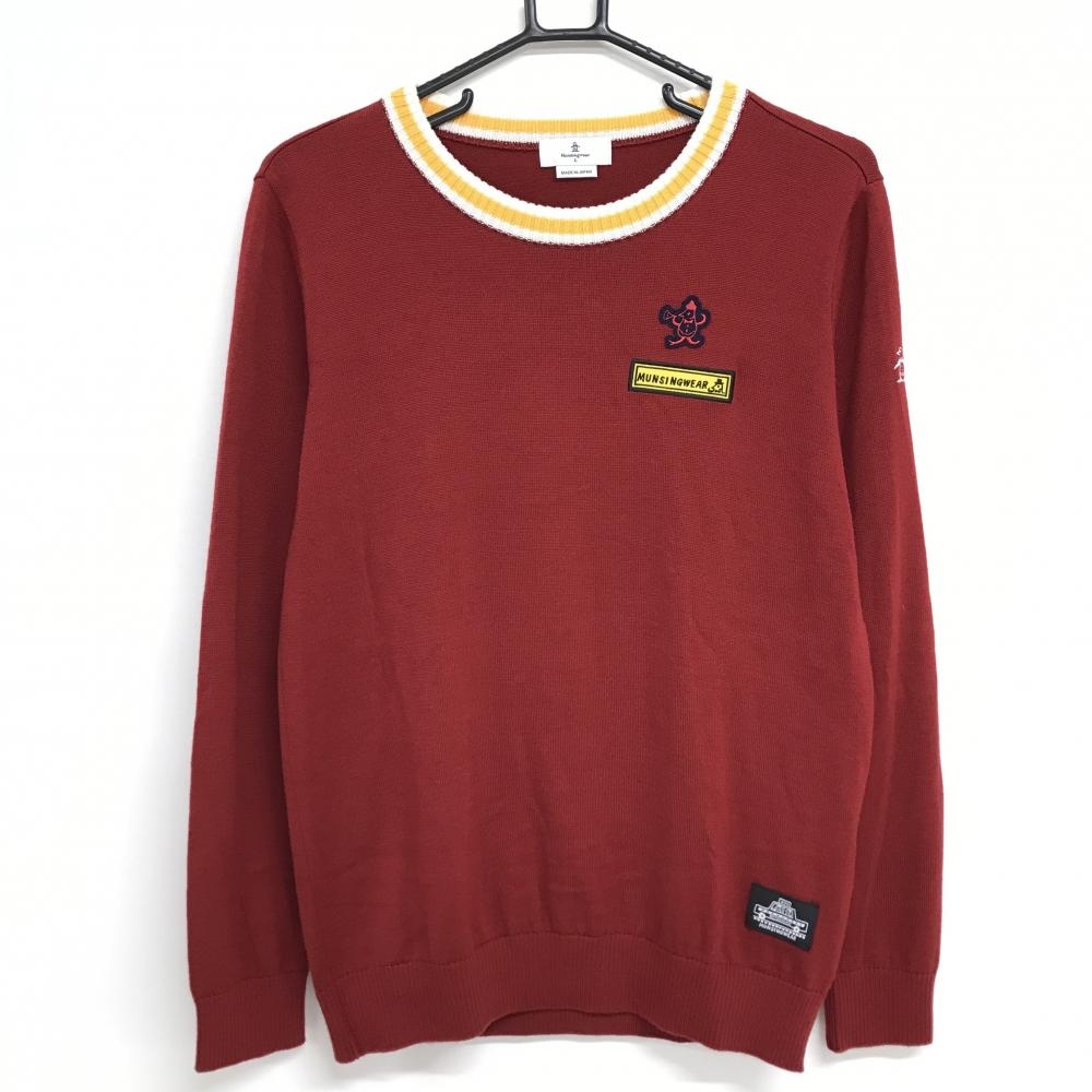 【超美品】マンシングウェア セーター レッド系×イエロー系 後ろビッグロゴ ウール混 ニット レディース L ゴルフウェア Munsingwear