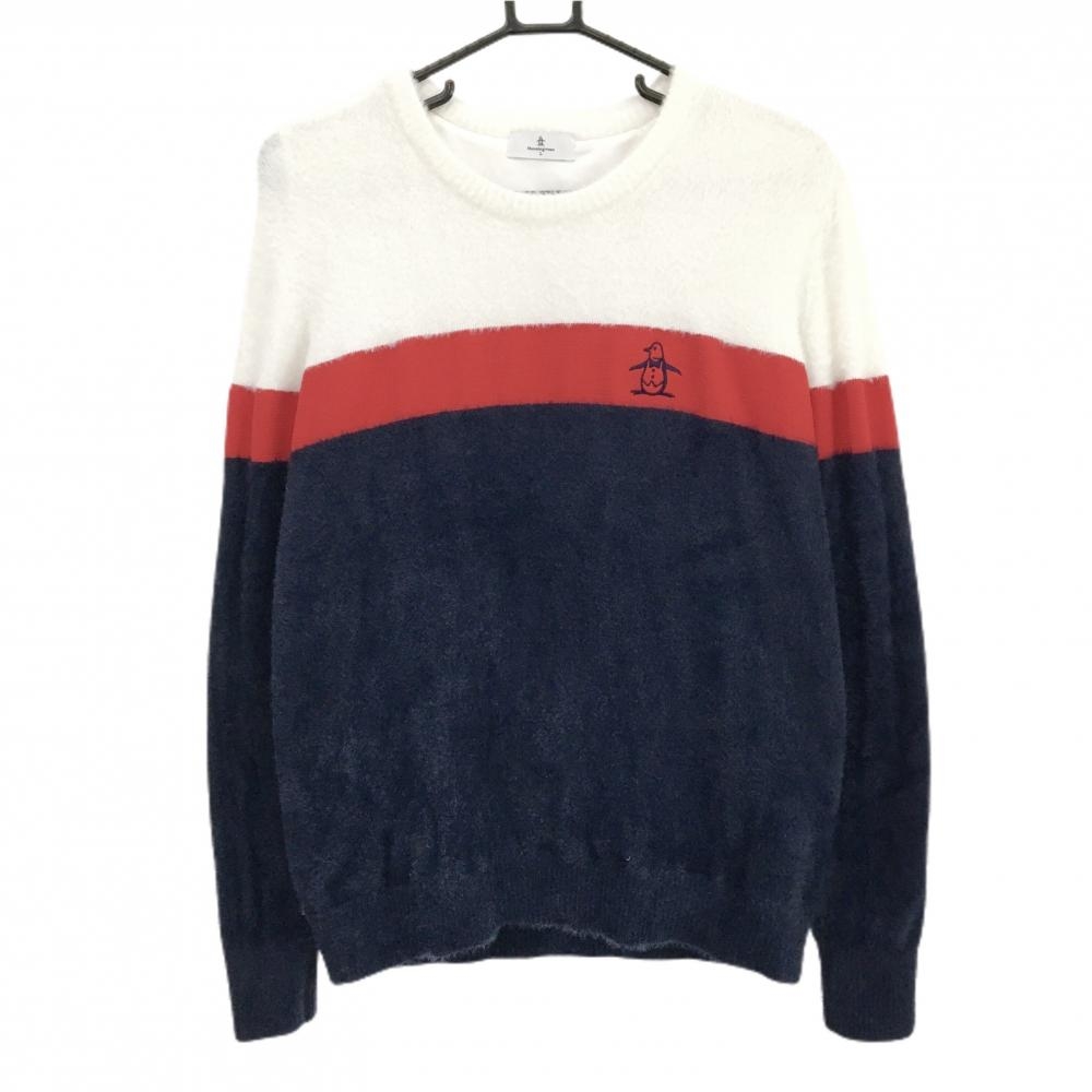 【超美品】マンシングウェア セーター 白×ネイビー シャギーニット 胸元切替 ロゴ刺しゅう  レディース L ゴルフウェア Munsingwear