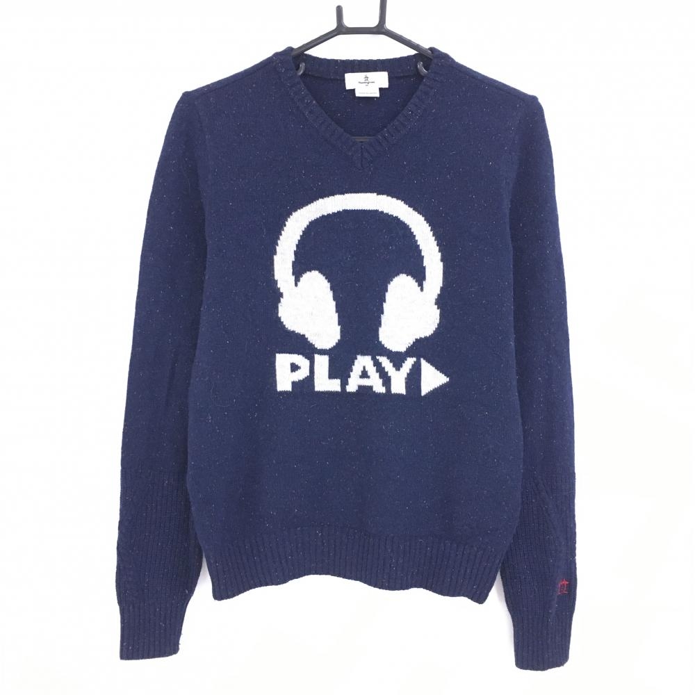 マンシングウェア セーター ネイビー系×白 フロントロゴ ウール・シルク混 Vネック ニット レディース M ゴルフウェア Munsingwear