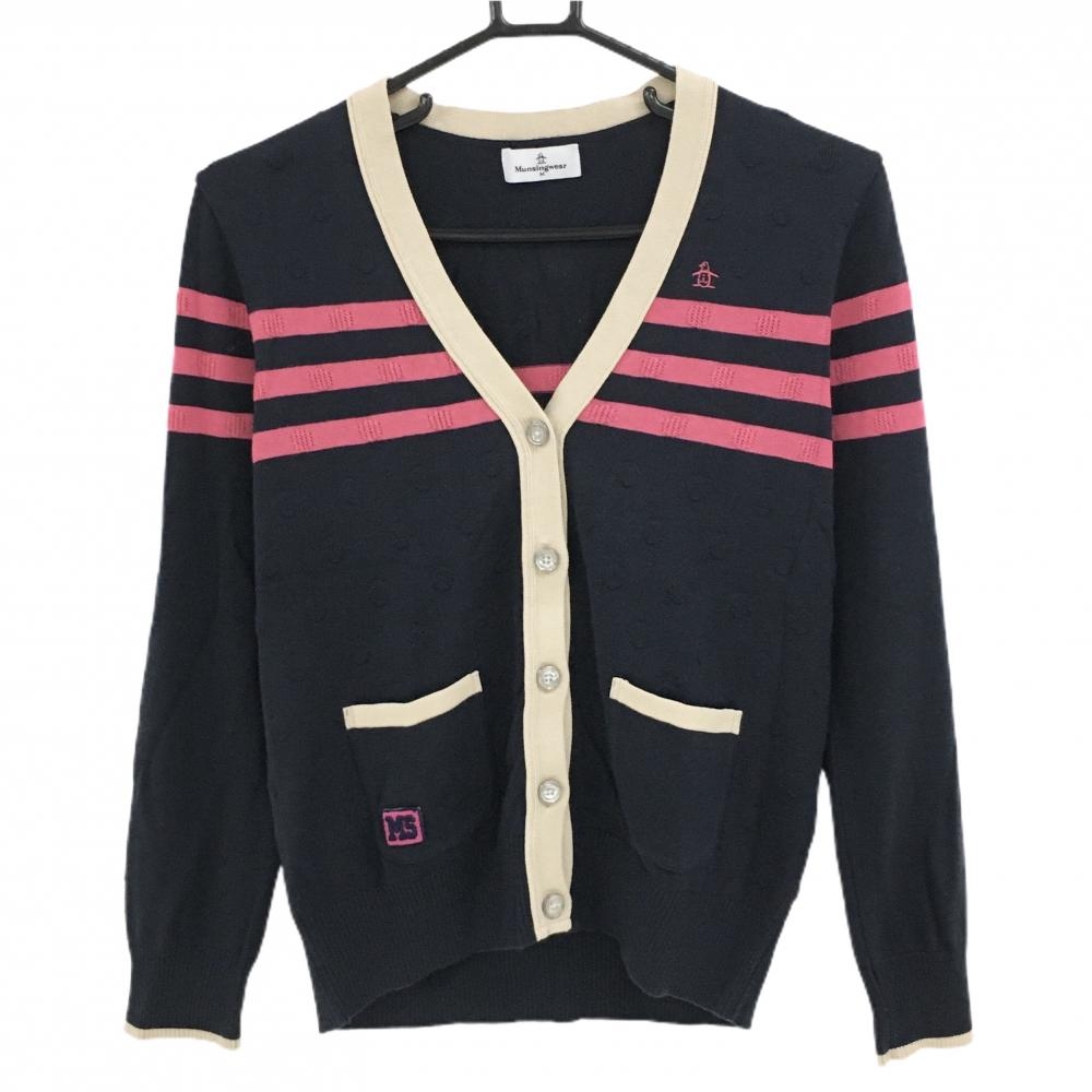 【美品】マンシングウェア ニットカーディガン 黒×ベージュ 胸・袖ライン レディース M ゴルフウェア Munsingwear