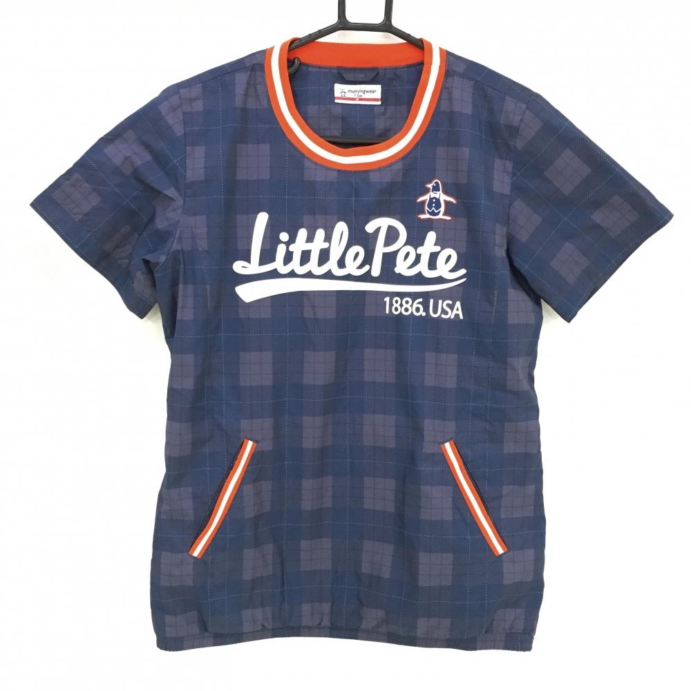 【美品】マンシングウェア 半袖スニード ネイビー×グレー チェック ブルゾン 裏地付  レディース M ゴルフウェア Munsingwear