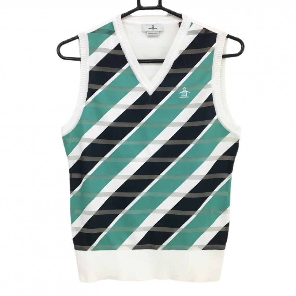 マンシングウェア ニットベスト 白×グリーン 斜めストライプ 透かし編みボーダー  レディース M ゴルフウェア Munsingwear