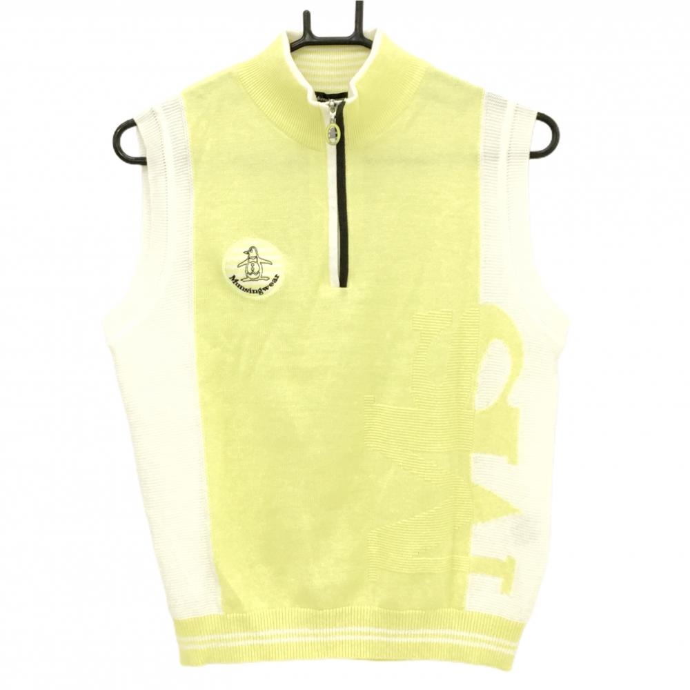 【美品】マンシングウェア ニットベスト イエロー×白 ハーフジップ 裾ライン  レディース M ゴルフウェア Munsingwear