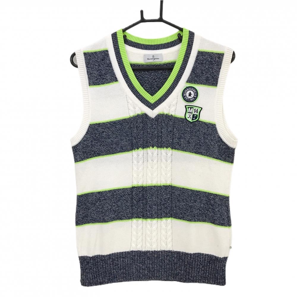 マンシングウェア ニットベスト 白×杢ネイビー×ライトグリーン ボーダー 胸ロゴ Vネック レディース L ゴルフウェア Munsingwear