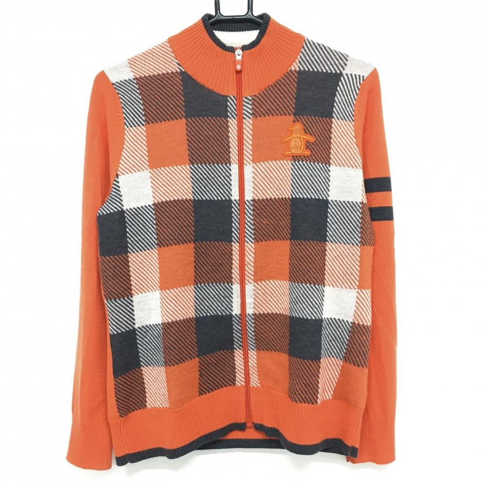 マンシングウェア ニットジャケット オレンジ×グレー 前面チェック  レディース L ゴルフウェア Munsingwear