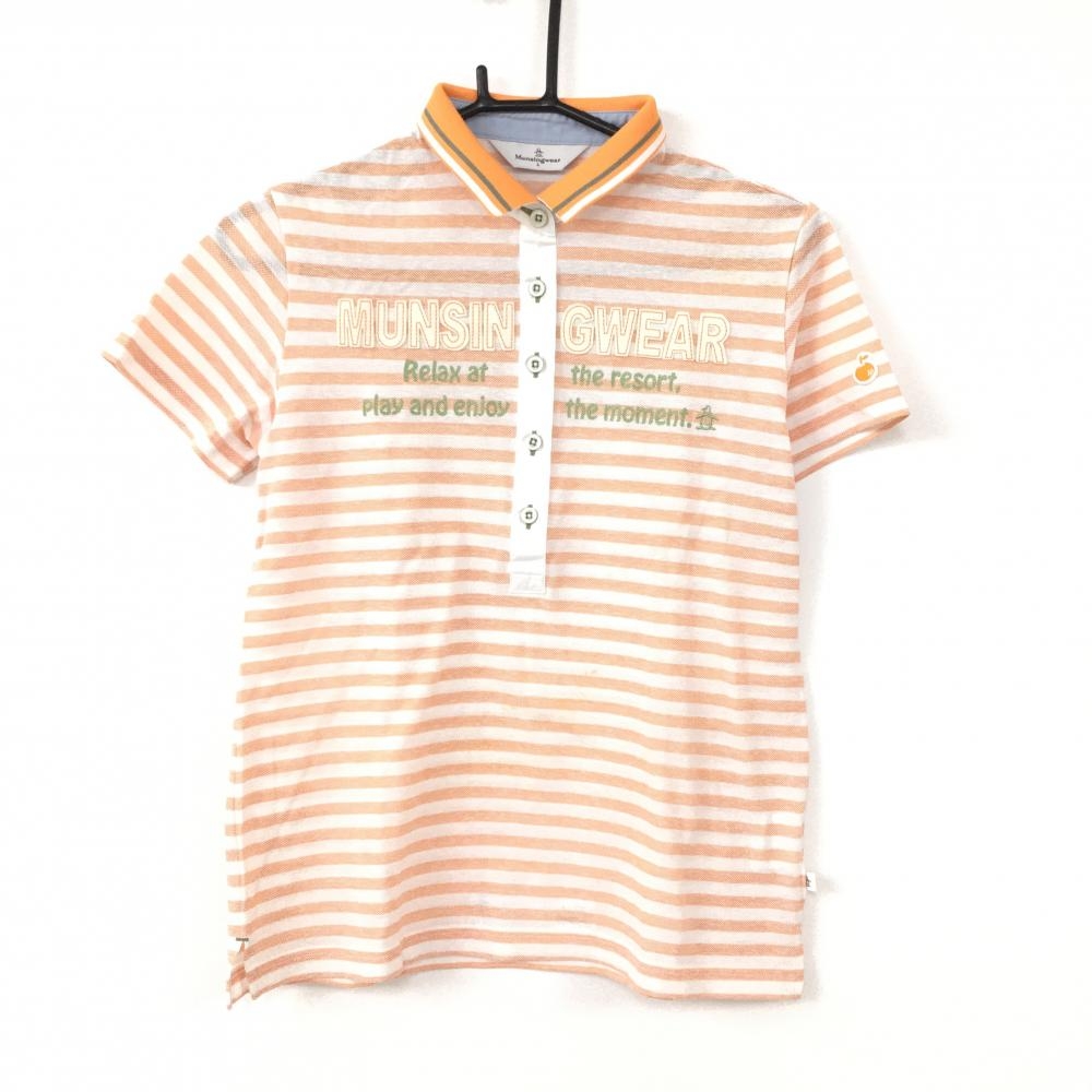 Munsingwear マンシングウェア 半袖ポロシャツ オレンジ×白 ボーダー フェルトワッペン レディース L ゴルフウェア