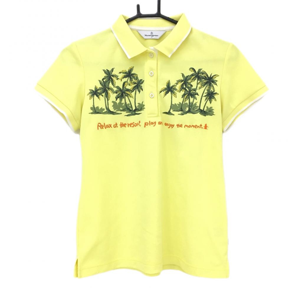 マンシングウェア 半袖ポロシャツ イエロー×白 ヤシの木プリント  レディース M ゴルフウェア Munsingwear 画像