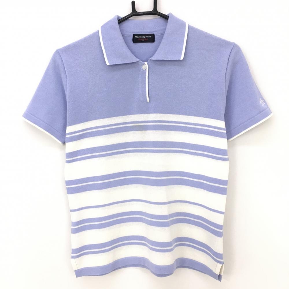 マンシングウェア 半袖ニットポロシャツ ライトブルー×白 腹部ボーダー 袖ロゴ刺しゅう レディース M ゴルフウェア Munsingwear