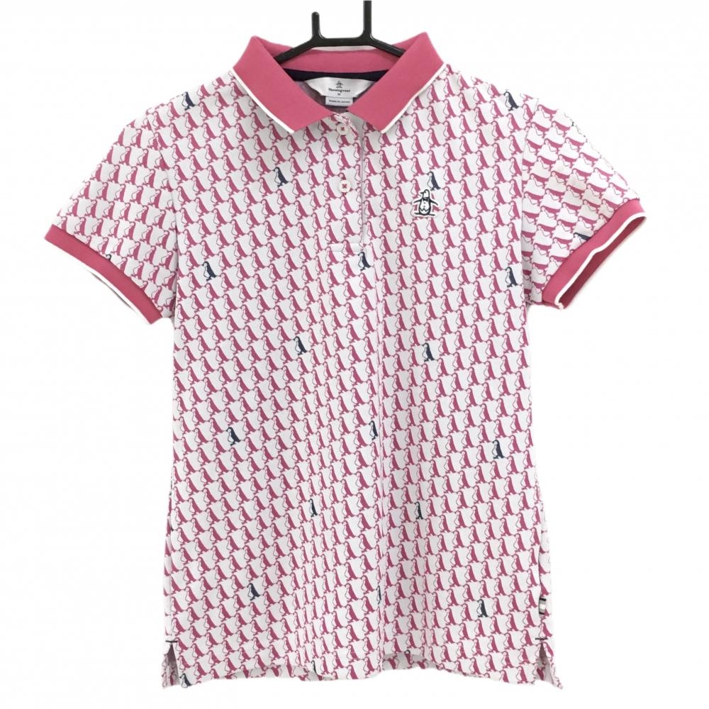 マンシングウェア 半袖ポロシャツ 白×ピンク ペンギン柄 レディース M ゴルフウェア Munsingwear