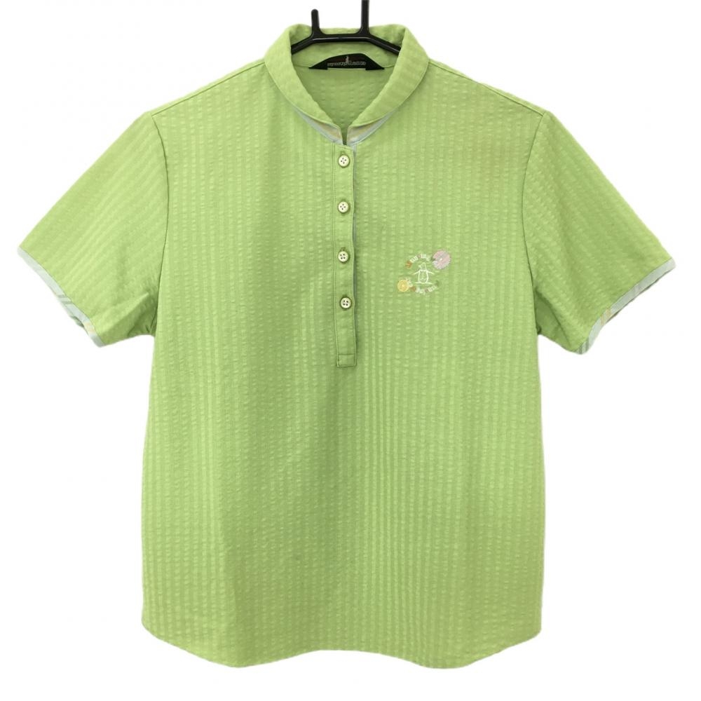 【美品】マンシングウェア 半袖ポロシャツ ライトグリーン×ライトグレー ストライプ織生地 レディース L ゴルフウェア Munsingwear