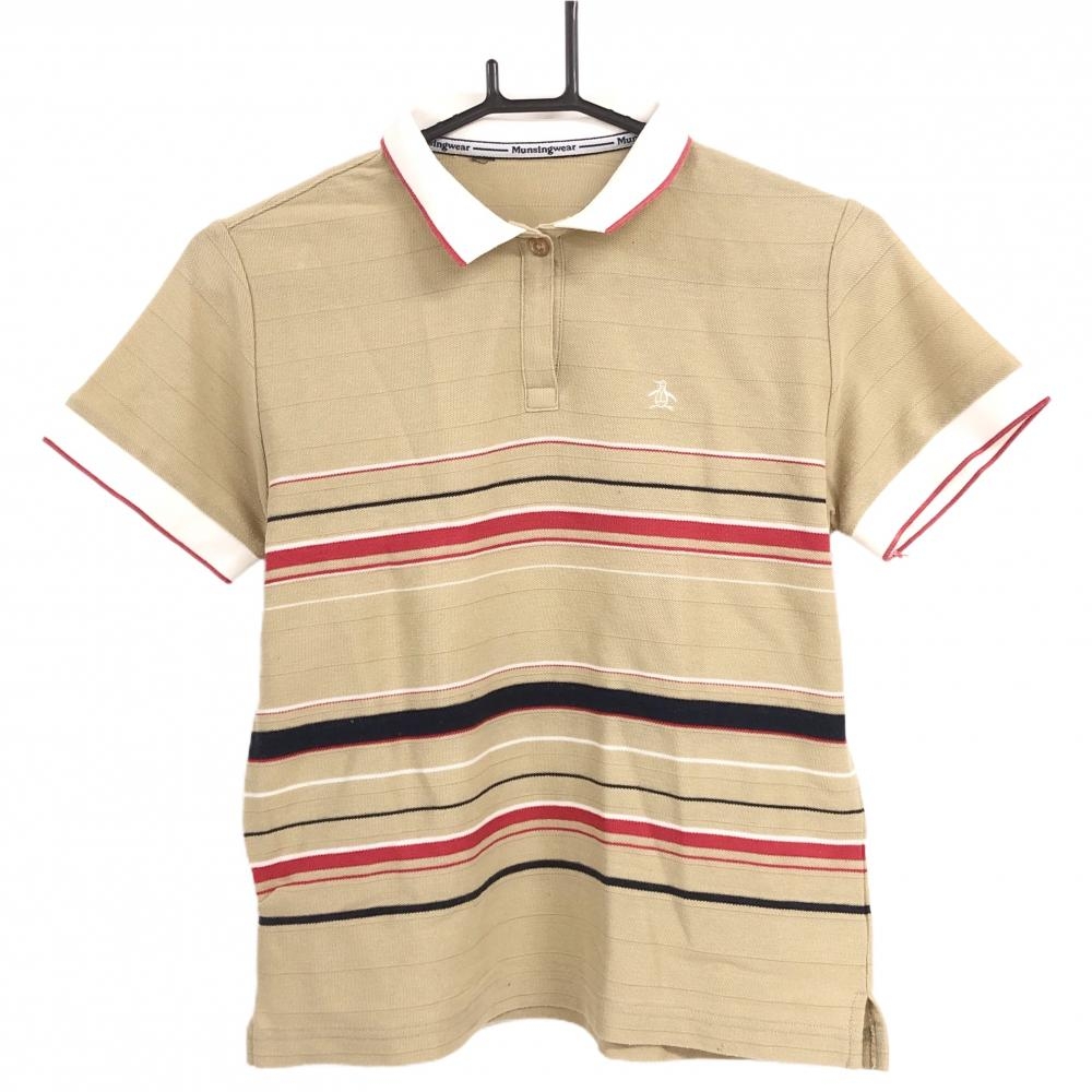 マンシングウェア 半袖ポロシャツ ベージュ×レッド ボーダー柄 ロゴ刺しゅう レディース  ゴルフウェア Munsingwear