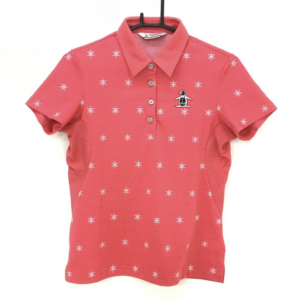 マンシングウェア 半袖ポロシャツ ピンク×白 総柄 胸元ペンギン刺しゅう  レディース L ゴルフウェア Munsingwear
