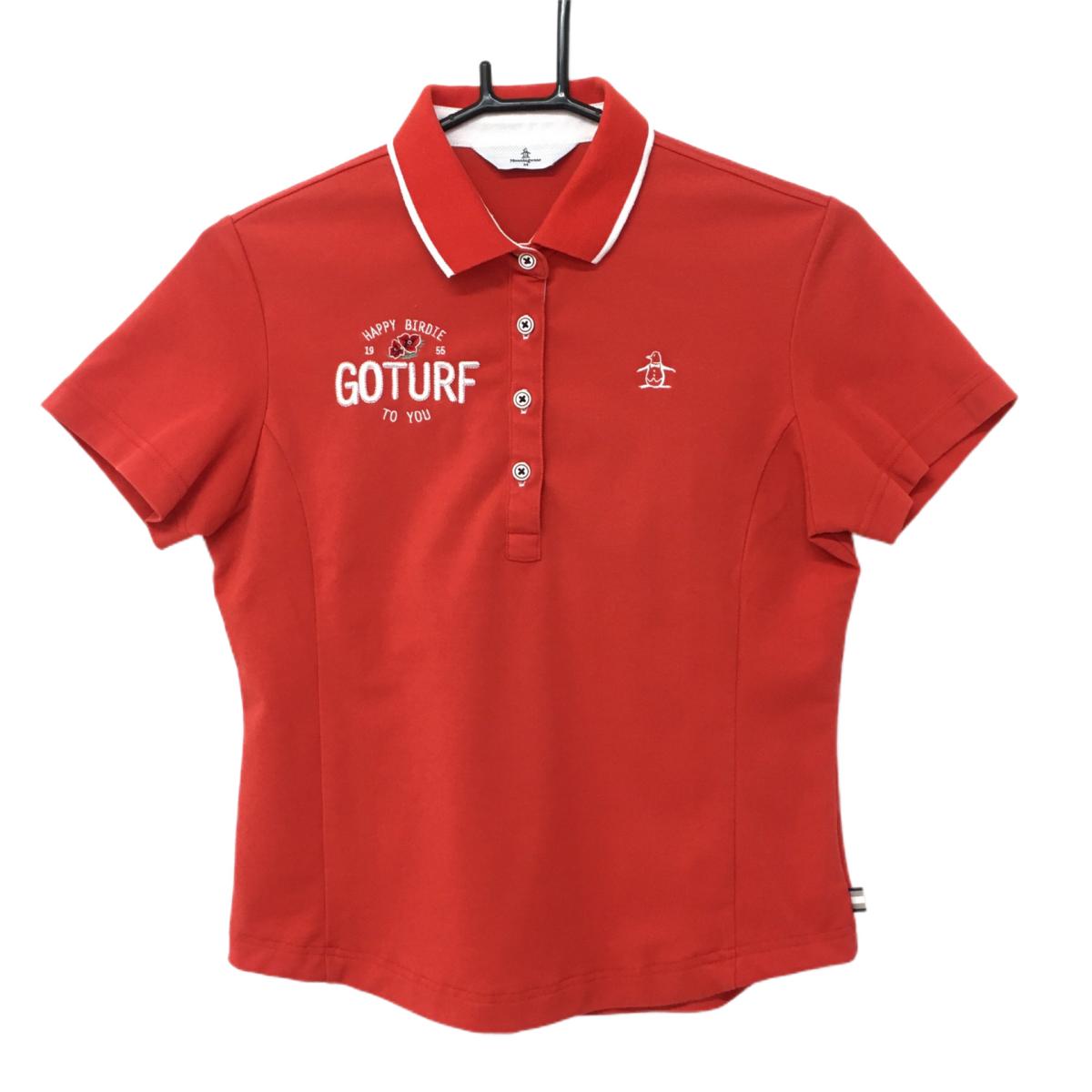 マンシングウェア 半袖ポロシャツ レッド×白 刺しゅう一部花柄  レディース M ゴルフウェア Munsingwear