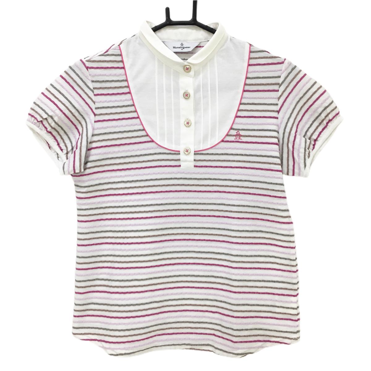 マンシングウェア 半袖ポロシャツ 白×ピンク ボーダー織生地 ロゴ刺しゅう レディース M ゴルフウェア Munsingwear