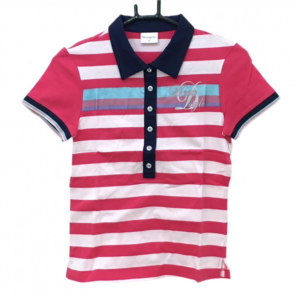 マンシングウェア 半袖ポロシャツ レッドピンク×ライトピンク 身頃ボーダー  レディース M ゴルフウェア Munsingwear