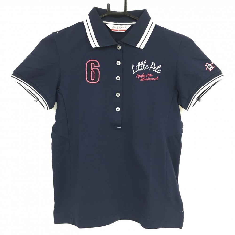 【超美品】マンシングウェア 半袖ポロシャツ ネイビー×白 襟袖口ライン レディース M ゴルフウェア Munsingwear