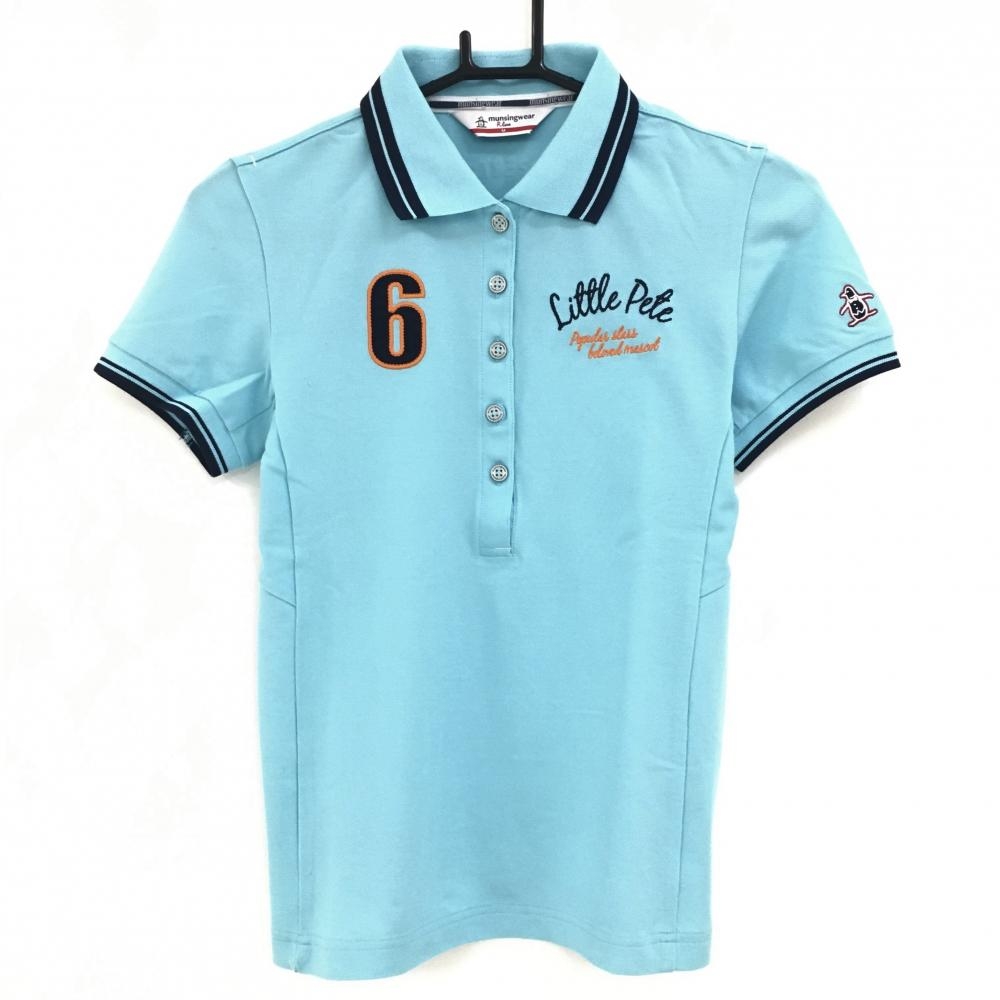 【超美品】マンシングウェア 半袖ポロシャツ ライトブルー×ネイビー 襟袖口ライン レディース M ゴルフウェア Munsingwear