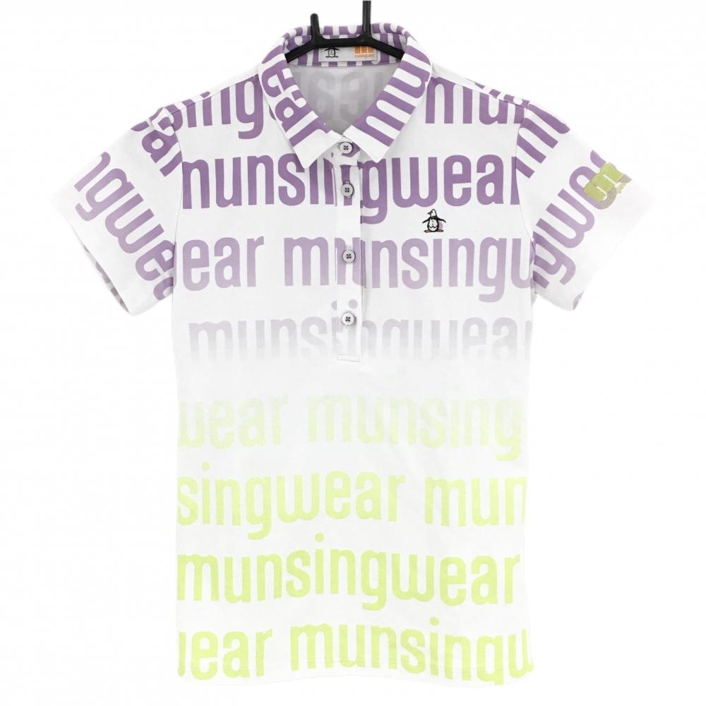 【超美品】マンシングウェア 半袖ポロシャツ 白×パープル ロゴ総柄  レディース M ゴルフウェア Munsingwear