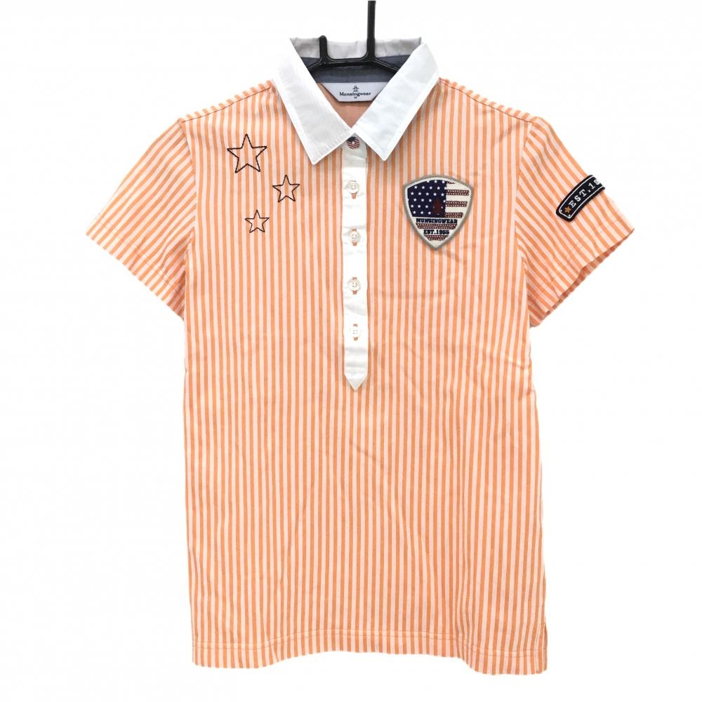 マンシングウェア 半袖ポロシャツ オレンジ×白 ストライプ柄 胸元ワッペン レディース M ゴルフウェア Munsingwear