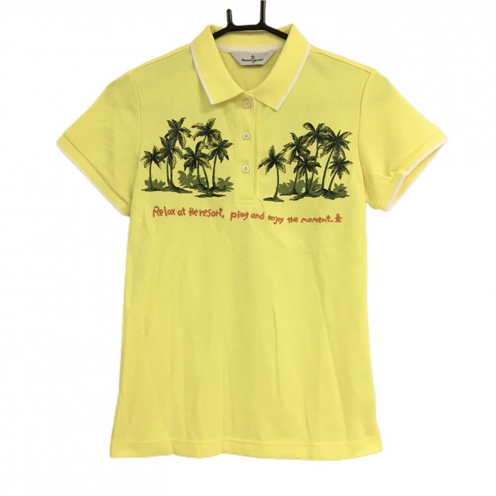 【美品】マンシングウェア 半袖ポロシャツ イエロー×白 ヤシの木柄 ロゴ刺しゅう  レディース M ゴルフウェア Munsingwear