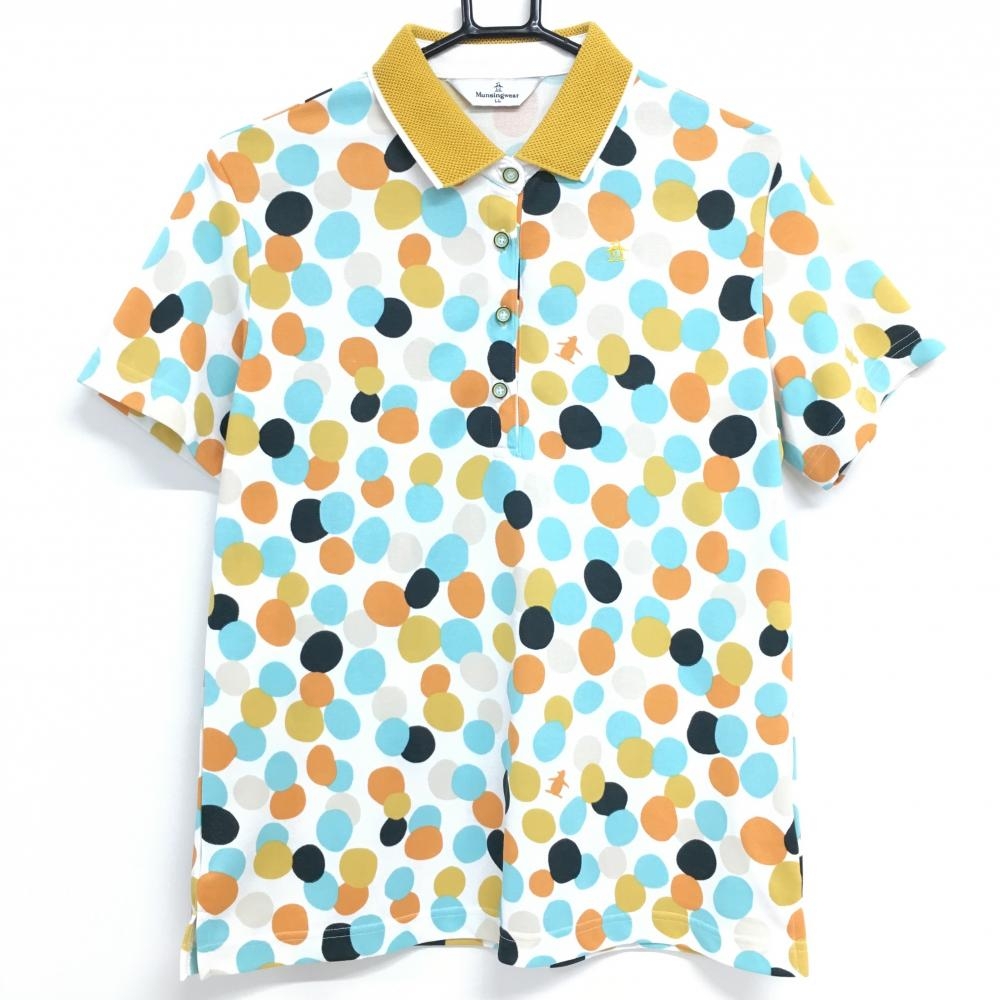 【超美品】マンシングウェア 半袖ポロシャツ 白×イエロー ドット風  レディース LL ゴルフウェア Munsingwear