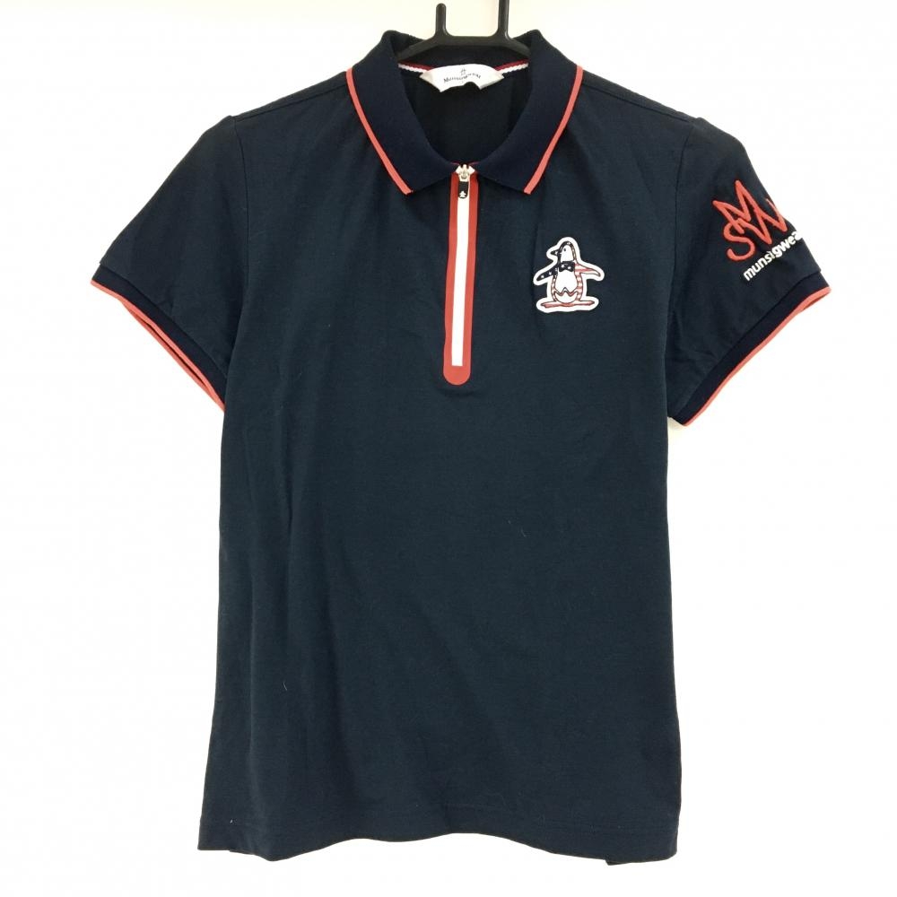 【超美品】マンシングウェア 半袖ポロシャツ ネイビー×レッド ハーフジップ ワッペン レディース L ゴルフウェア Munsingwear