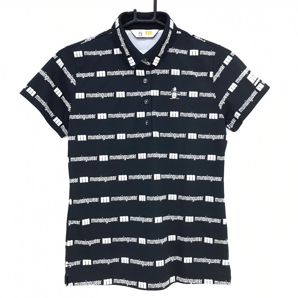 【超美品】マンシングウェア 半袖ポロシャツ 黒×白 ロゴボーダー  レディース M ゴルフウェア Munsingwear
