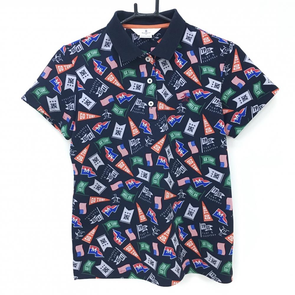 マンシングウェア 半袖ポロシャツ ネイビー×マルチカラー フラッグ総柄  レディース M ゴルフウェア Munsingwear
