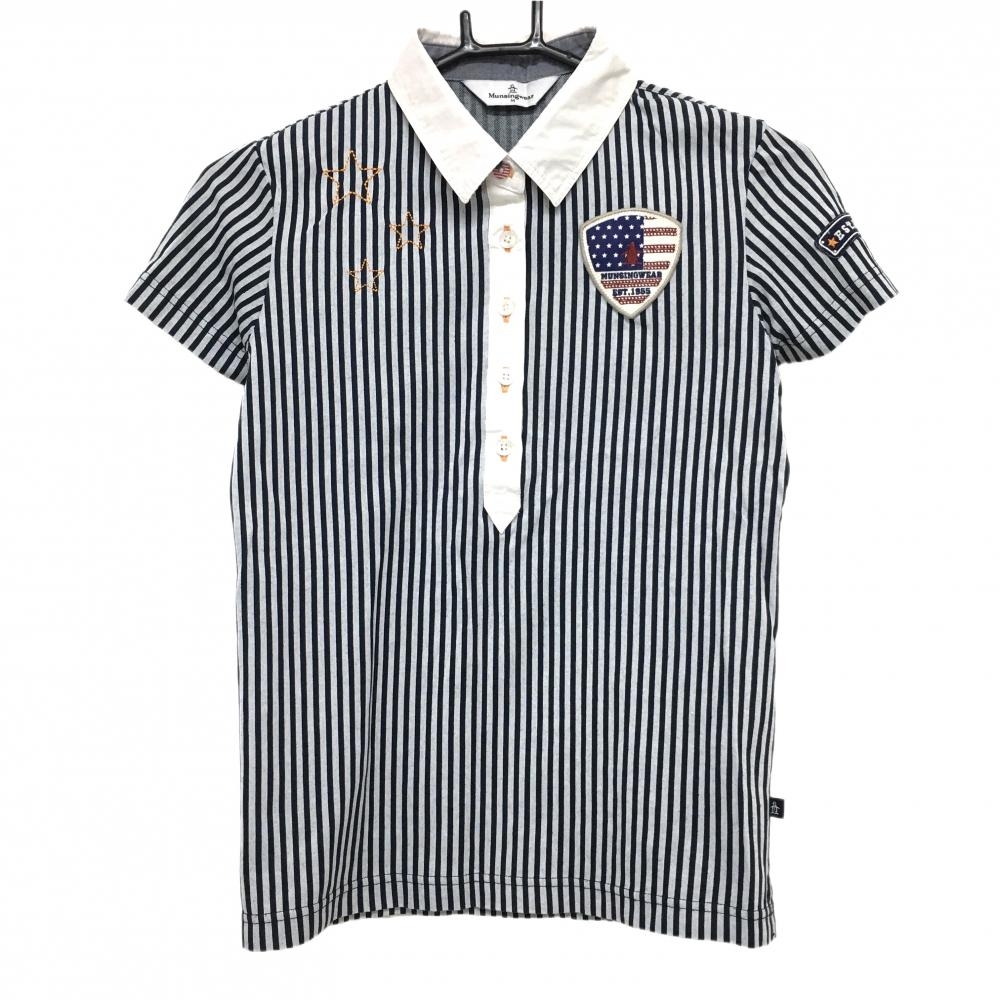 マンシングウェア 半袖ポロシャツ ライトグレー×ネイビー ストライプ レディース M ゴルフウェア Munsingwear