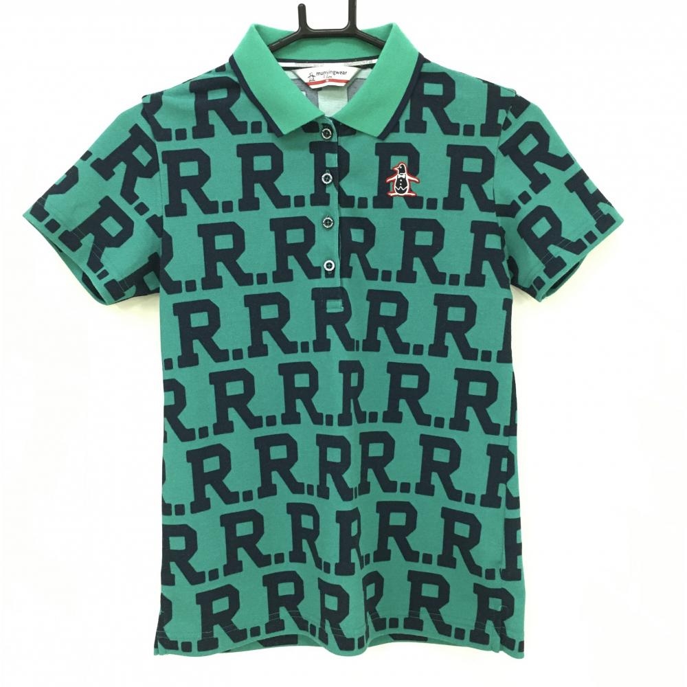 【美品】マンシングウェア 半袖ポロシャツ グリーン×ネイビー アルファベット柄 ペンギン刺しゅう レディース M ゴルフウェア Munsingwear