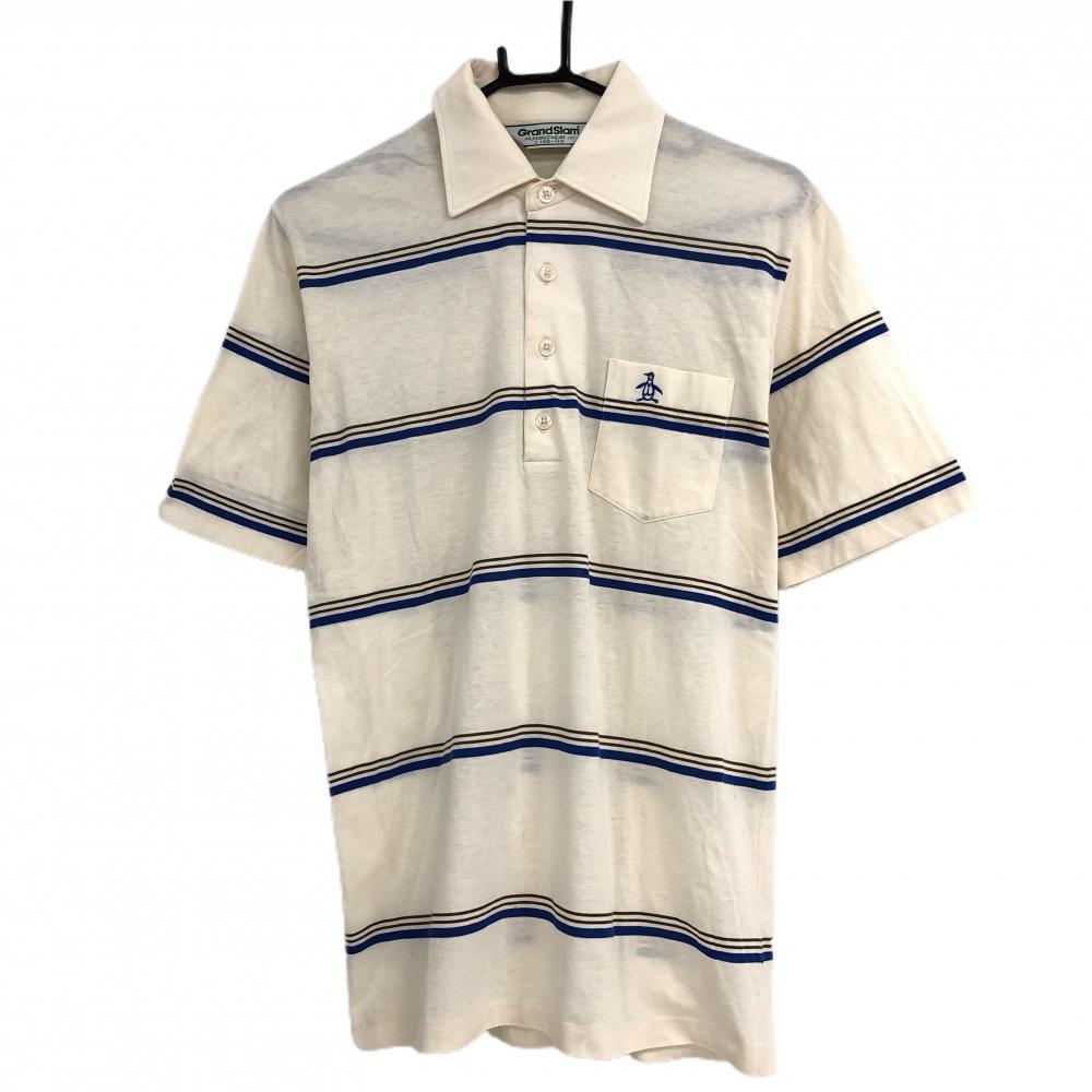 マンシングウェア 半袖ポロシャツ アイボリー×ブルー ボーダー 胸ポケット  レディース 3　C100-110 ゴルフウェア Munsingwear