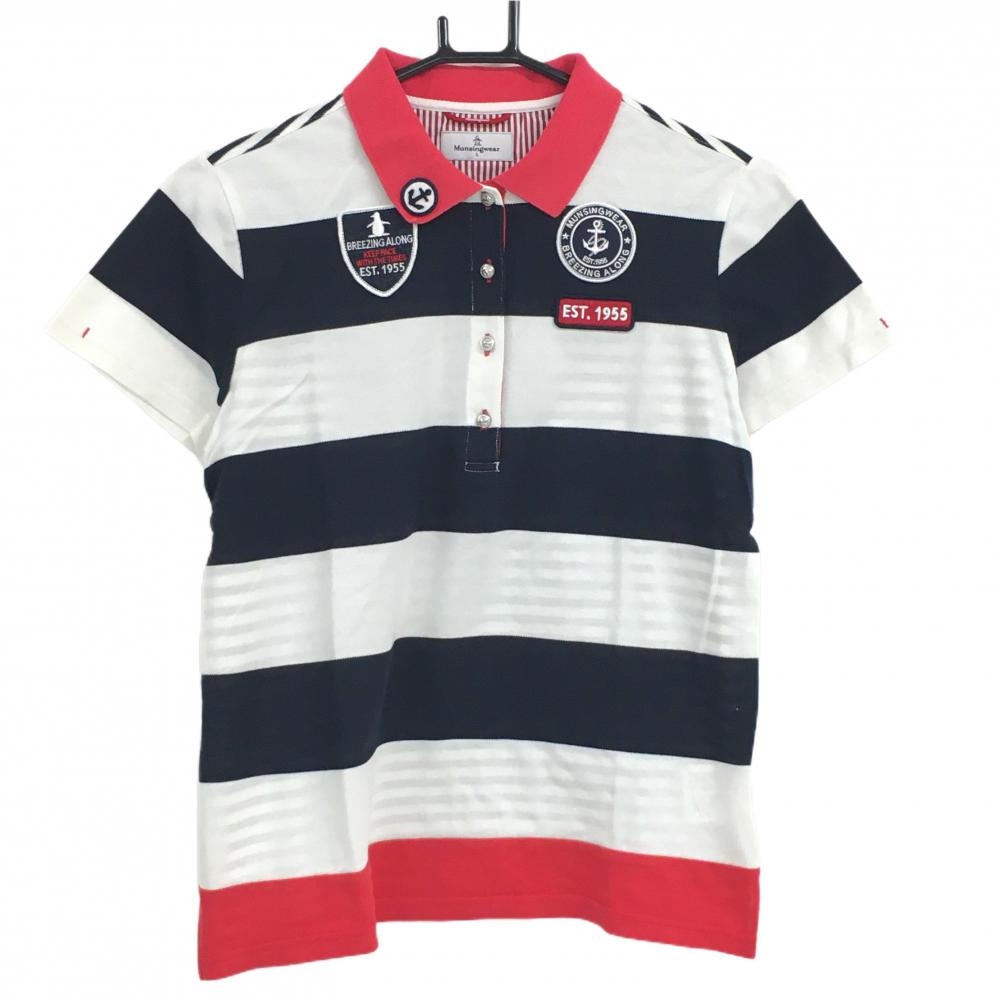 マンシングウェア 半袖ポロシャツ 白×ネイビー ボーダー 胸元ワッペン レディース L ゴルフウェア Munsingwear