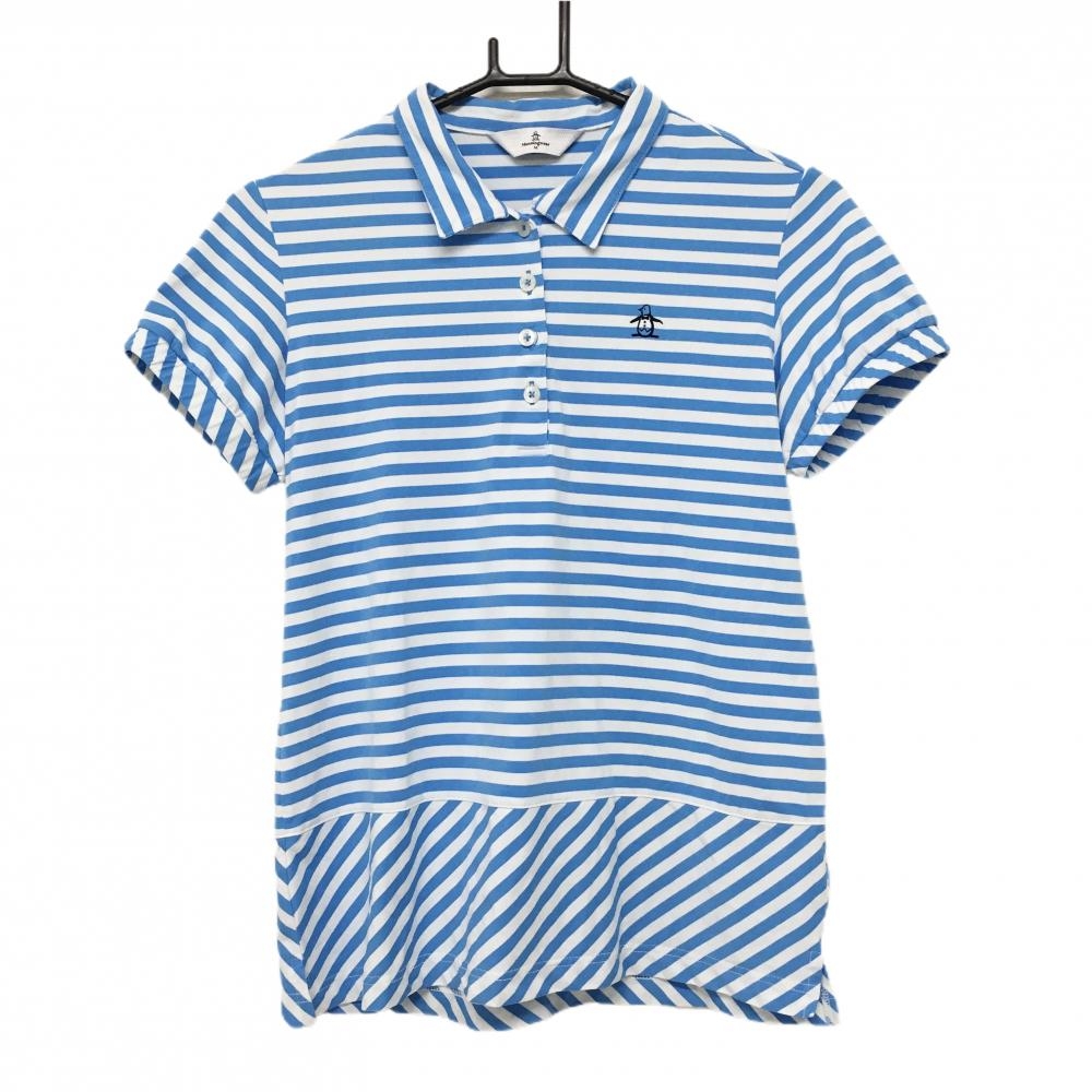 【美品】マンシングウェア 半袖ポロシャツ ライトブルー×白 ボーダー 袖口ゴム  レディース M ゴルフウェア サンプル品 Munsingwear