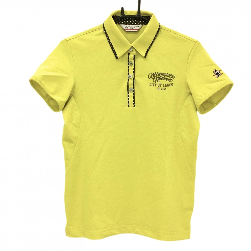 【超美品】マンシングウェア 半袖ポロシャツ ライムイエロー×ダークブラウン×白 レディース L ゴルフウェア Munsingwear